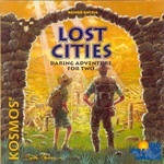 Lost Cities box cover; two adventurers stand in the gate of a ruin, with sunlight streaming from above.