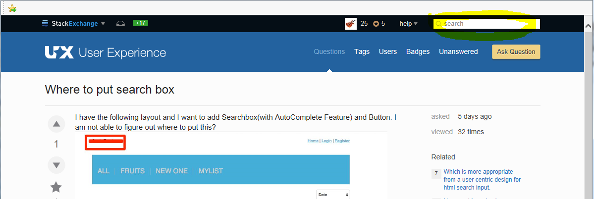 Screen shot of this Stack Exchange page, highlight on search box in upper right corner