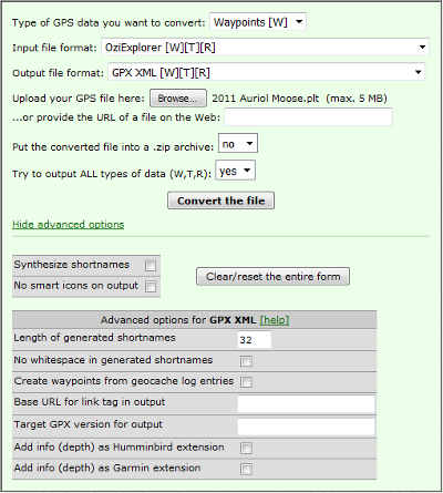 GPS Vizualiser conversion dialog