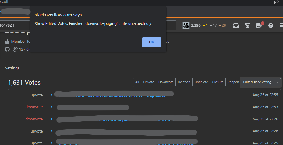 Browser alert shown with the text "Show Edited Votes: Finished 'downvote-paging' state unexpectedly"