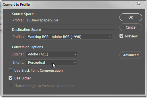 Adobe Photoshop CC 2015 - Convert to profile dialog box