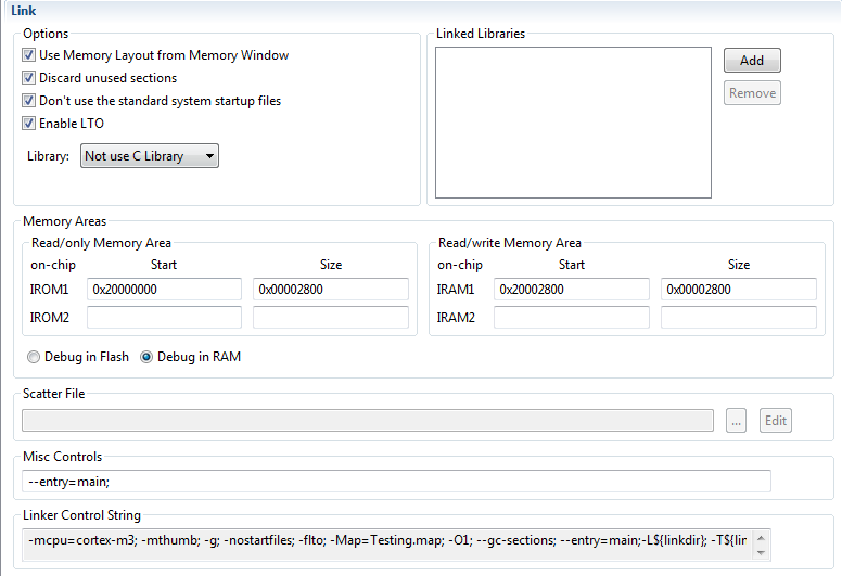 Compiler "debug in ram" settings