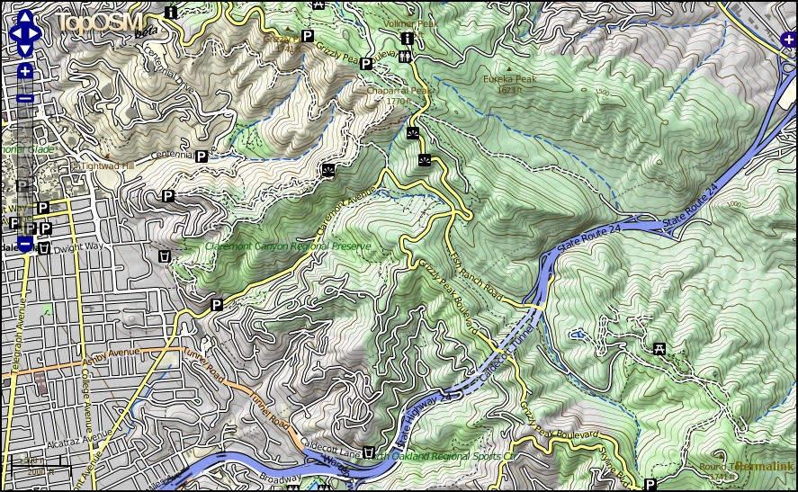 TopOSM showing the hills east of Oakland and Berkeley, CA.