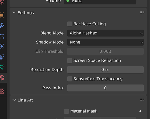 Blend mode settings set to alpha hashed.