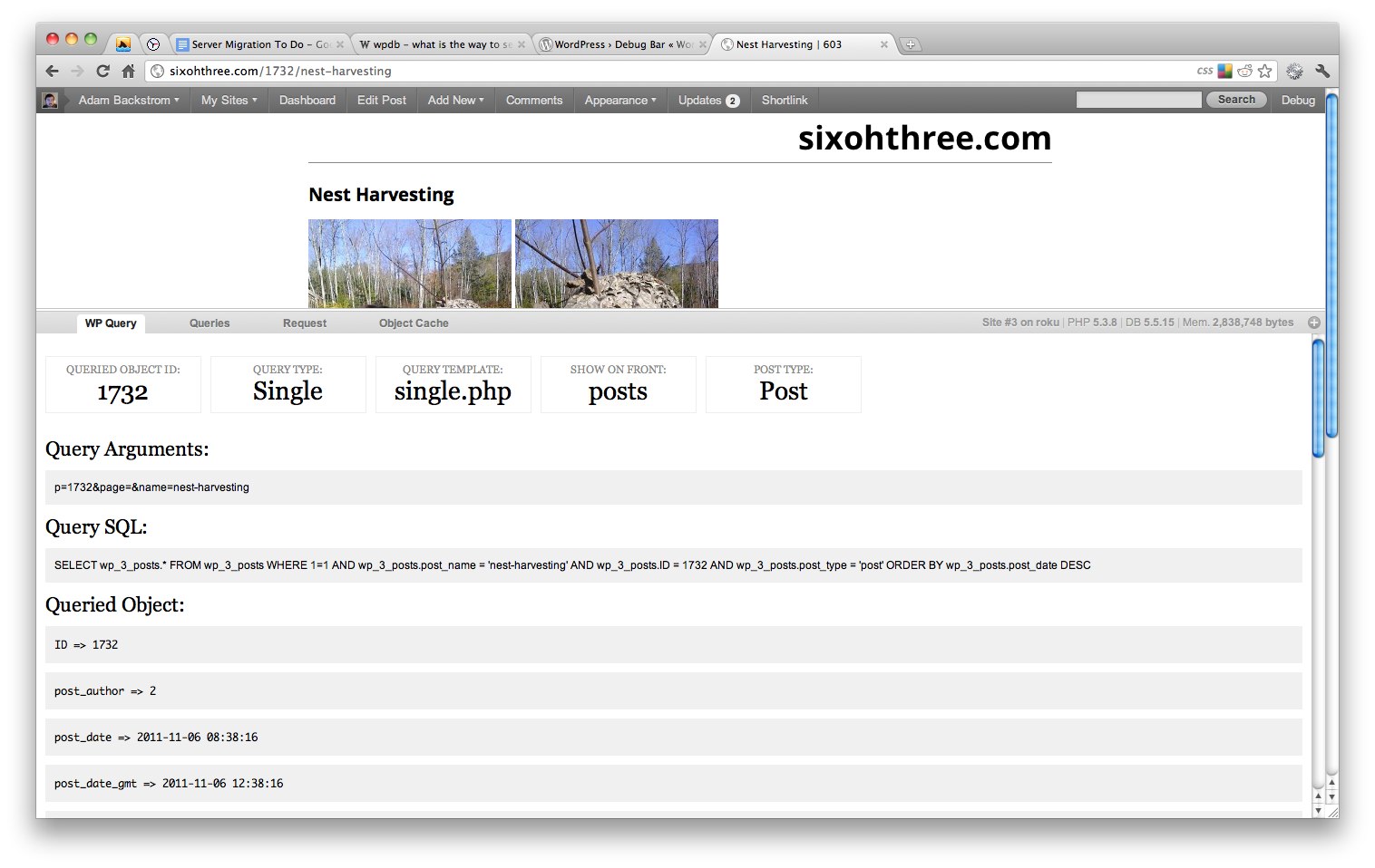 Screenshot of Debug Bar running on WordPress 3.2.1