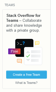 Small tag sticking on the left of the page, advertisement for "Stack Overflow for Teams"