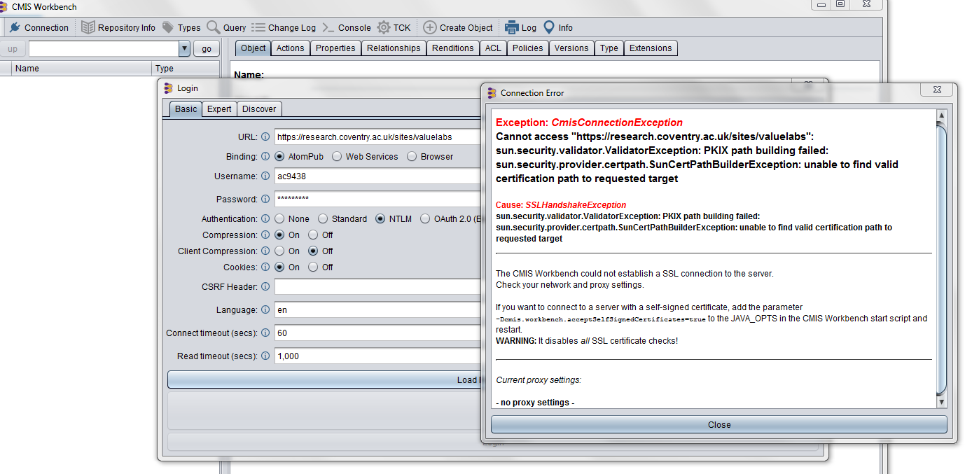 Not able to open the site using cmis work Bench.got the below issue while click on Load Repository. Please help