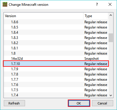 MultiMC 5 select instance version dialog