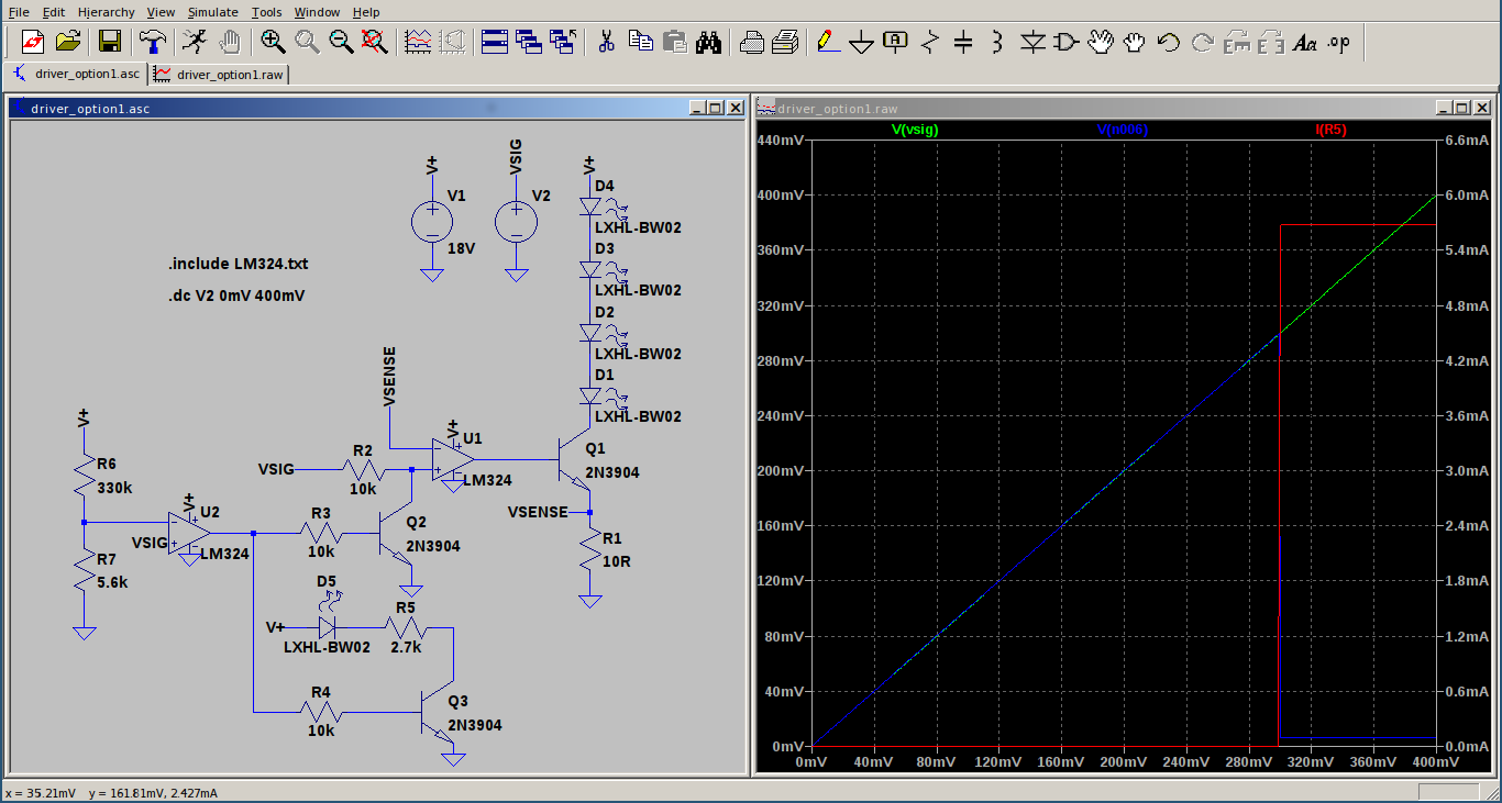 LTSpice Simulation of LED Driver with Overcurrent Protection.