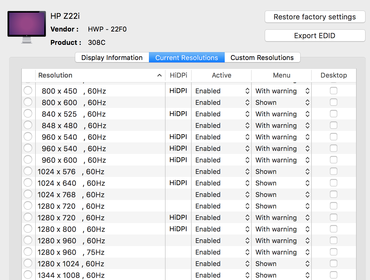 Possible screen resolutions and supported framerate