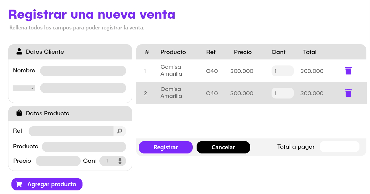 Los paneles creados dinámicamente están en el lado derecho, y dentro de ellos se ven los botones para eliminar el propio panel al que pertenecen