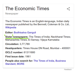 screenshot of "The Economic Times" Wikipedia details with "Sister newspapers" highlighted