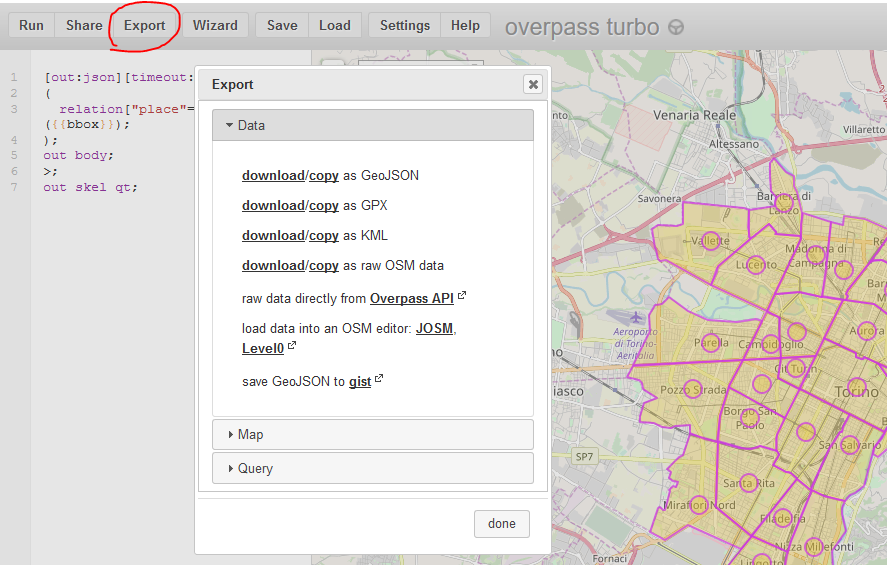 Overpass Turbo export