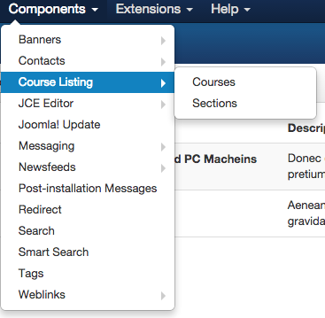 menu items as seen when inside my components administrative views