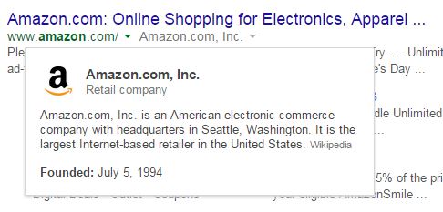 Google SERP: Dropdown with information about Amazon from Wikipedia