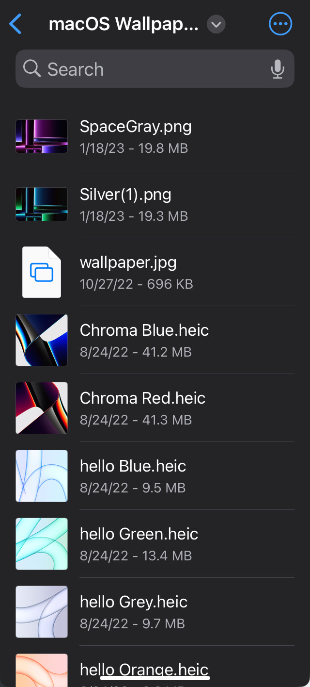 Screenshot of a folder listing in Files before the text size change