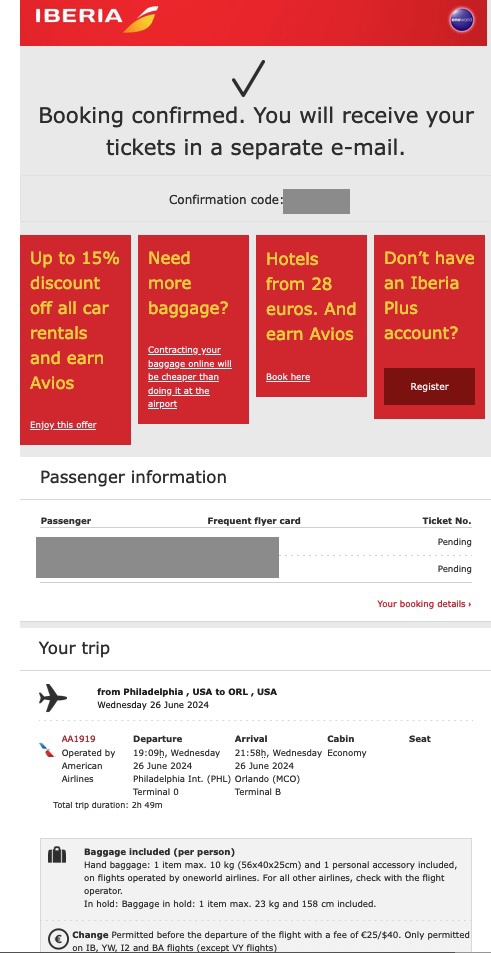 Baggage confirmation email snippet