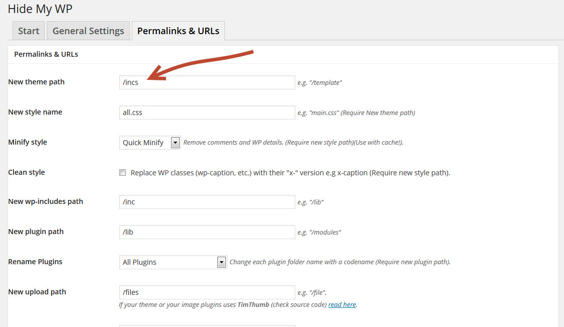 Change theme path under Permalinks & urls to /incs