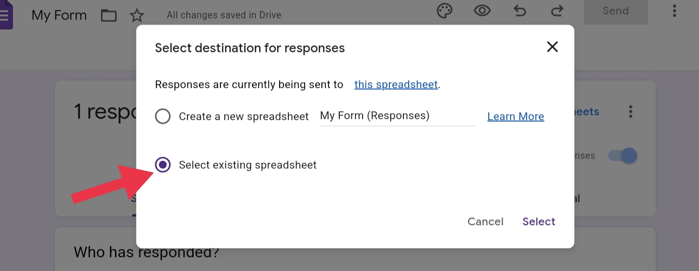 Arrow pointing to the option 'Select existing spreadsheet'