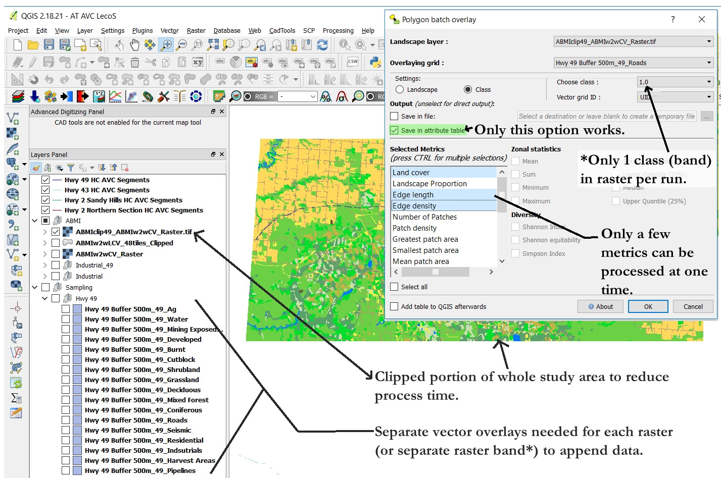 QGIS Screen capture of LecoS processing with vector overlay selection options