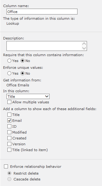 Lookup field settings