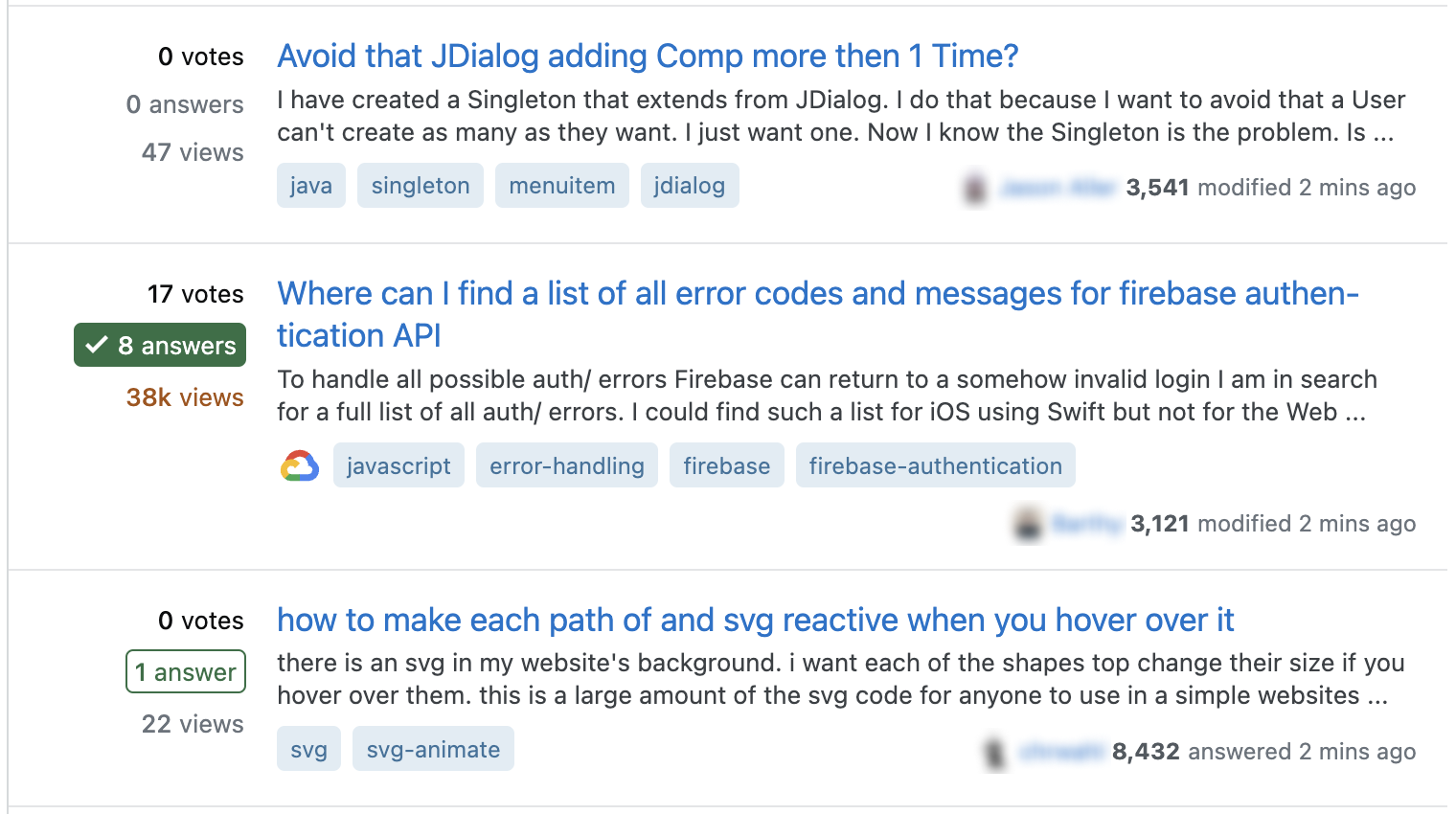 Three questions on the questions page with post summaries. One question is without answers, the second has many answers including an accepted answer, and the third has a non accepted answer. (Detailed description is below.)