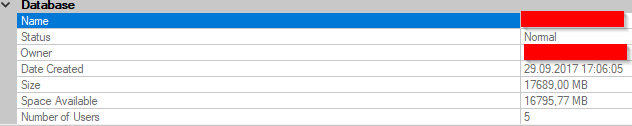 sample database properties showing Size: 17689,00MB and Space Available: 16795,77MB