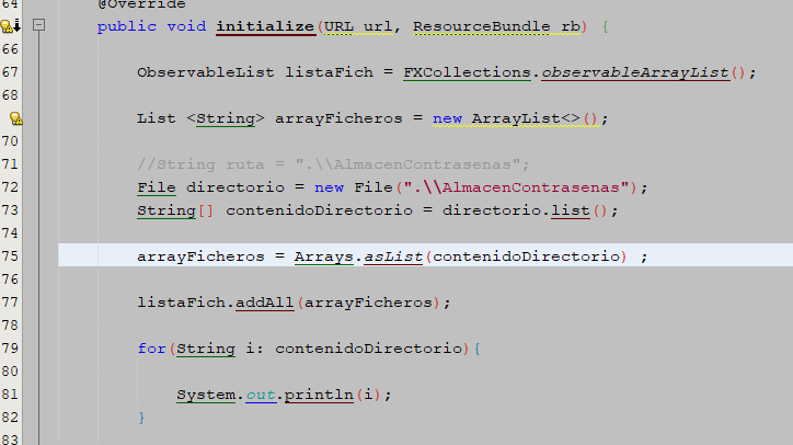 Esas son las líneas donde la excepcion señala el nullpointer exception. Esa lista debería leer 4 ficheros que hay en el directorio pero, no lo hace por algún motivo