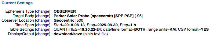 JPL Horizons setup for Parker Solar Probe Doppler shift and Sun angle