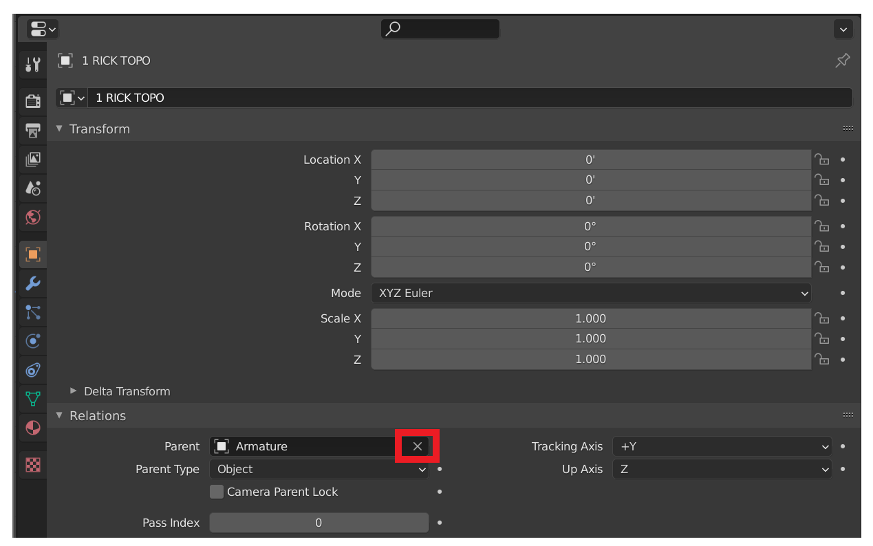 Relations panel showing the delete button for the parent