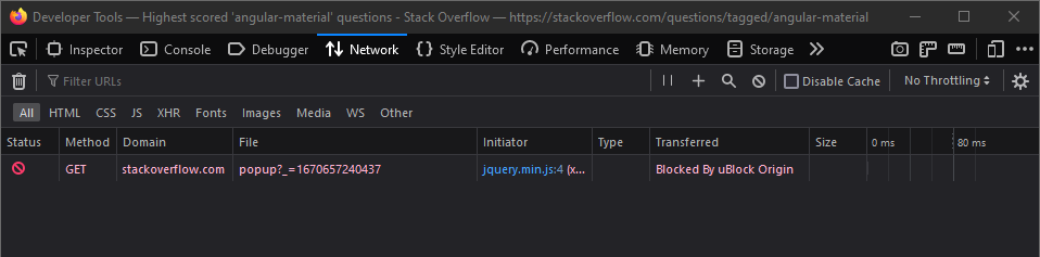 Screenshot showing the Network tab in the Firefox developer tools. There is a request which is marked in red and in the column "Transferred" it says "Blocked by uBlock Origin"