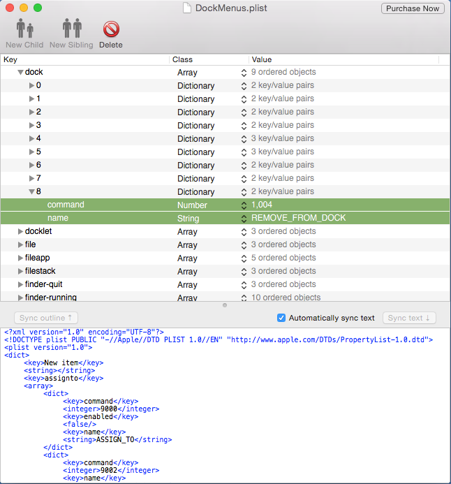 8 Dictionary 2/key/value pairs; command Number 1,004; name String REMOVE_FROM_DOCK