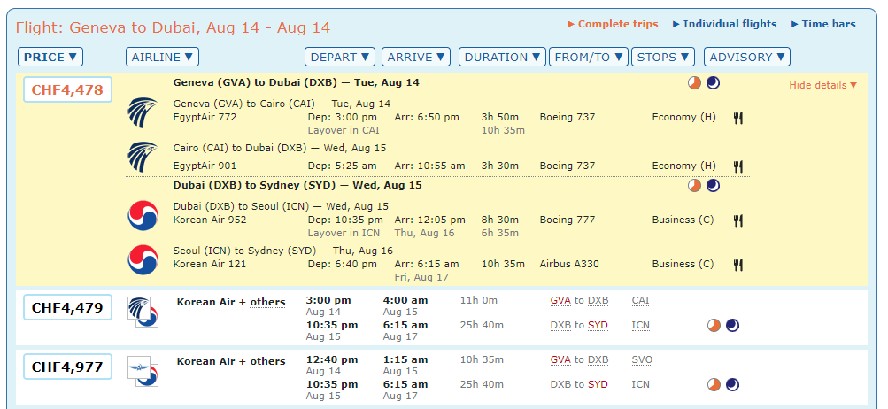 Results from ITA Matrix mixed class itinerary search