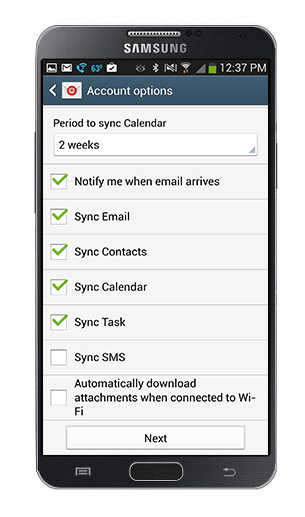 Account Options Outlook Exchange settings