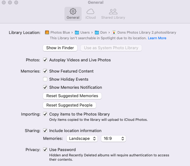 Screenshot of Photo's General settings