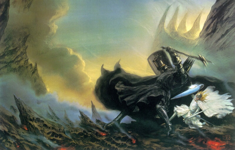 Fingolfin, entirely in white over gleaming mail with long blonde hair under a shining helm and a billowing white cape, fights Morgoth, entirely in black, black surcoat over black mail, black cape, spiky black helmet.  Both are wielding their weapons, sword and mace, in their left hands while their right arms bear their shields.  They fight on a crusted, spiky field of lava with smoking, glowing spots breaking the crust; the valley they stand in is surrounded by spiky peaks and filled with low clouds of smoke beneath a smoky yellow sky.  Morgoth is at least twice as tall as Fingolfin.