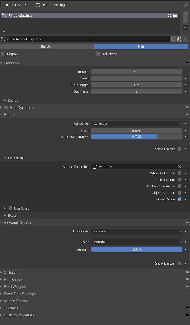 Particle System settings (1 by torus, so 1 by asteroid belt