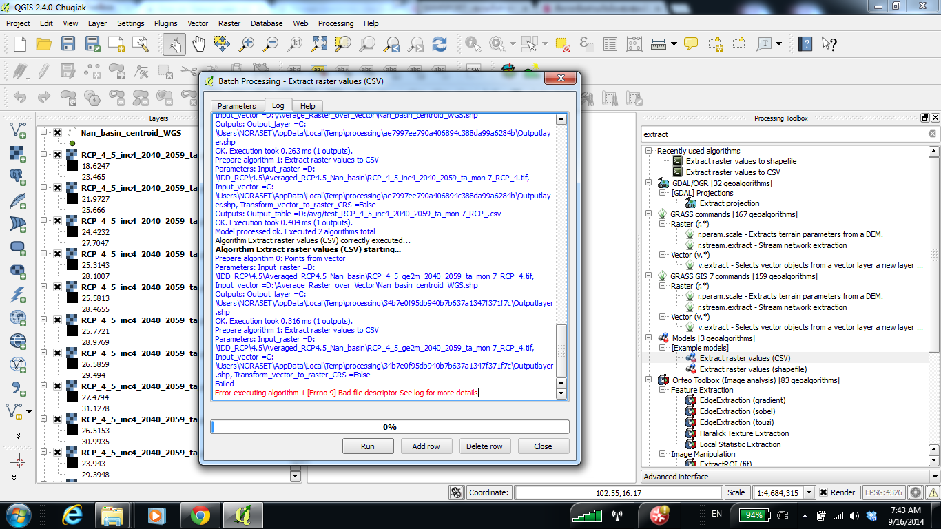 Error on Batch Processing when using Extract raster values (CSV)