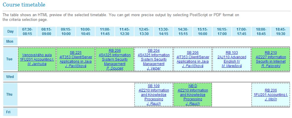 Course timetable