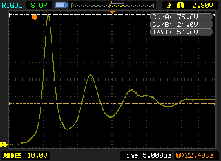 Oscilloscope trace showing significant ringing and 75V max voltage