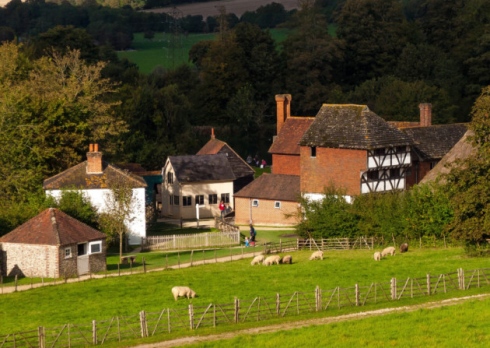 Photo of the village in the Weald and Downland museum, as seen from a hill