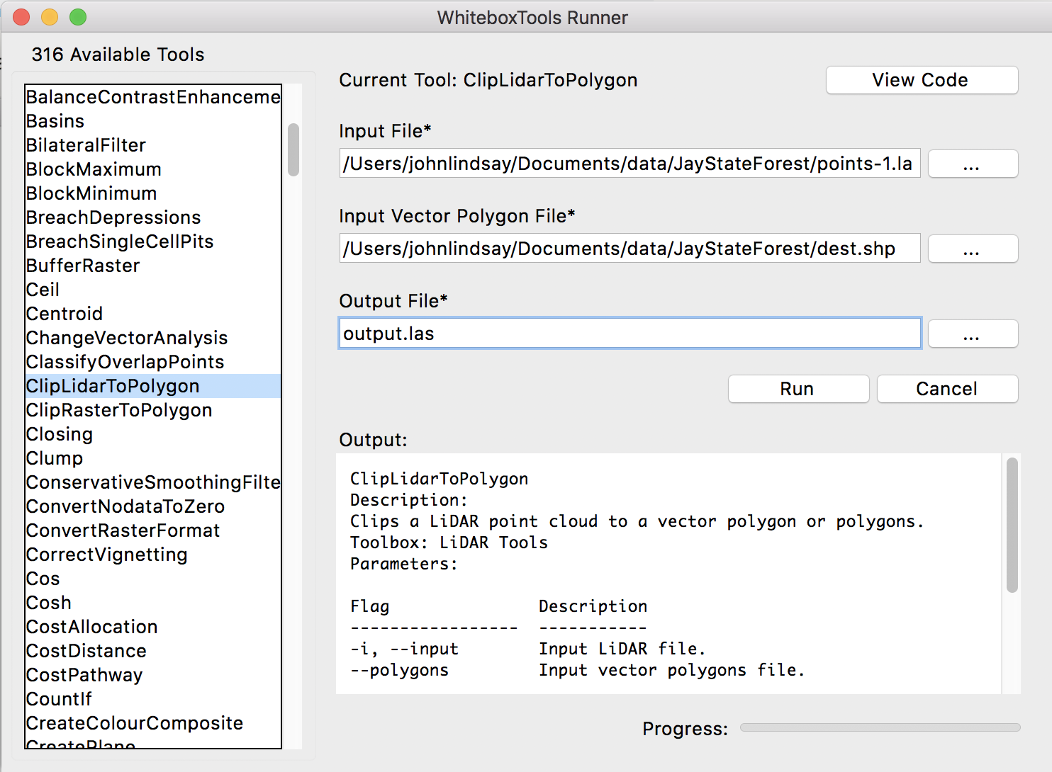 WhiteboxTools Runner ClipLidarToPolygon tool