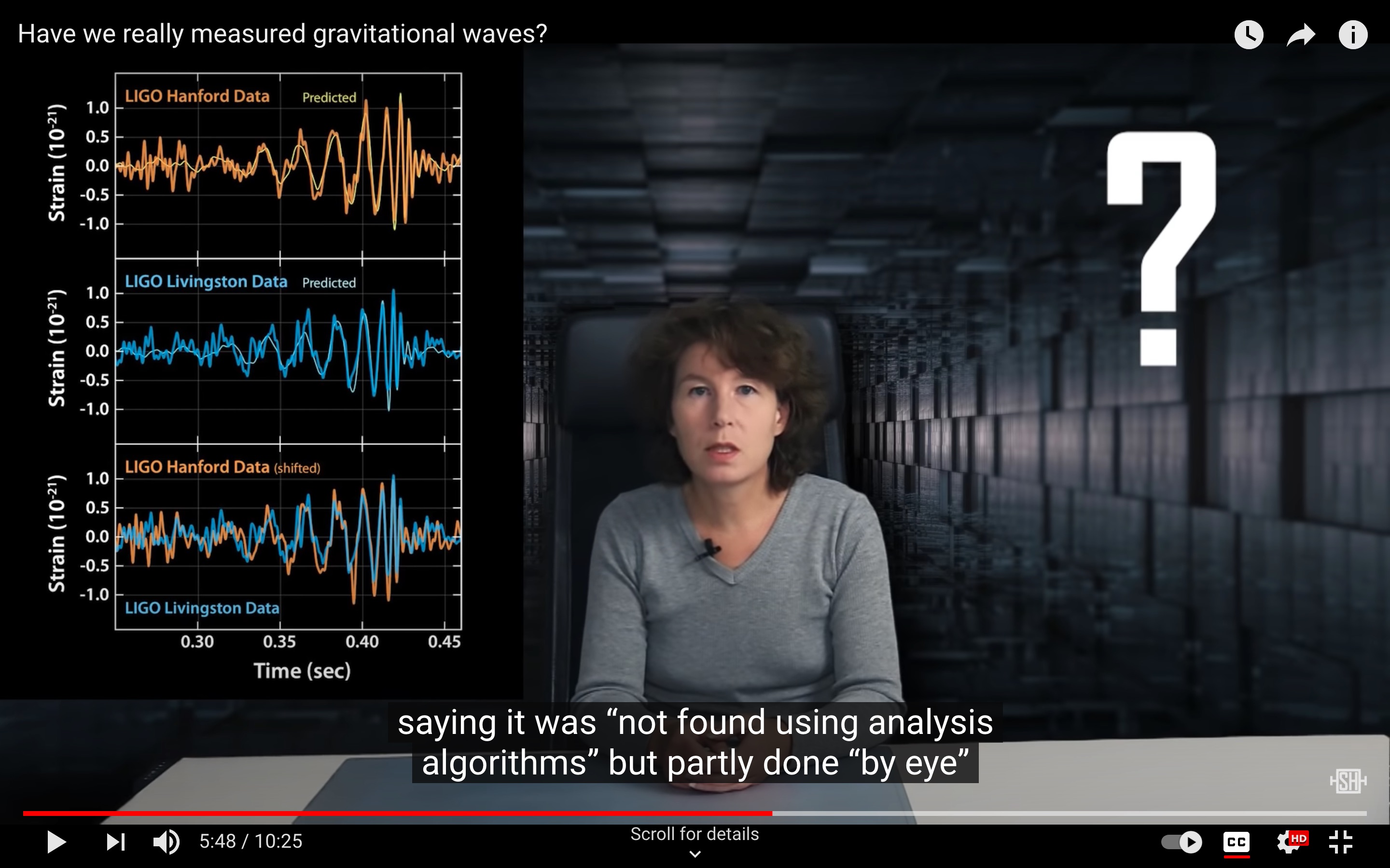 Screen capture with closed-caption of Sabine Hossenfelder's November 2019 video "Have we really measured gravitational waves?"