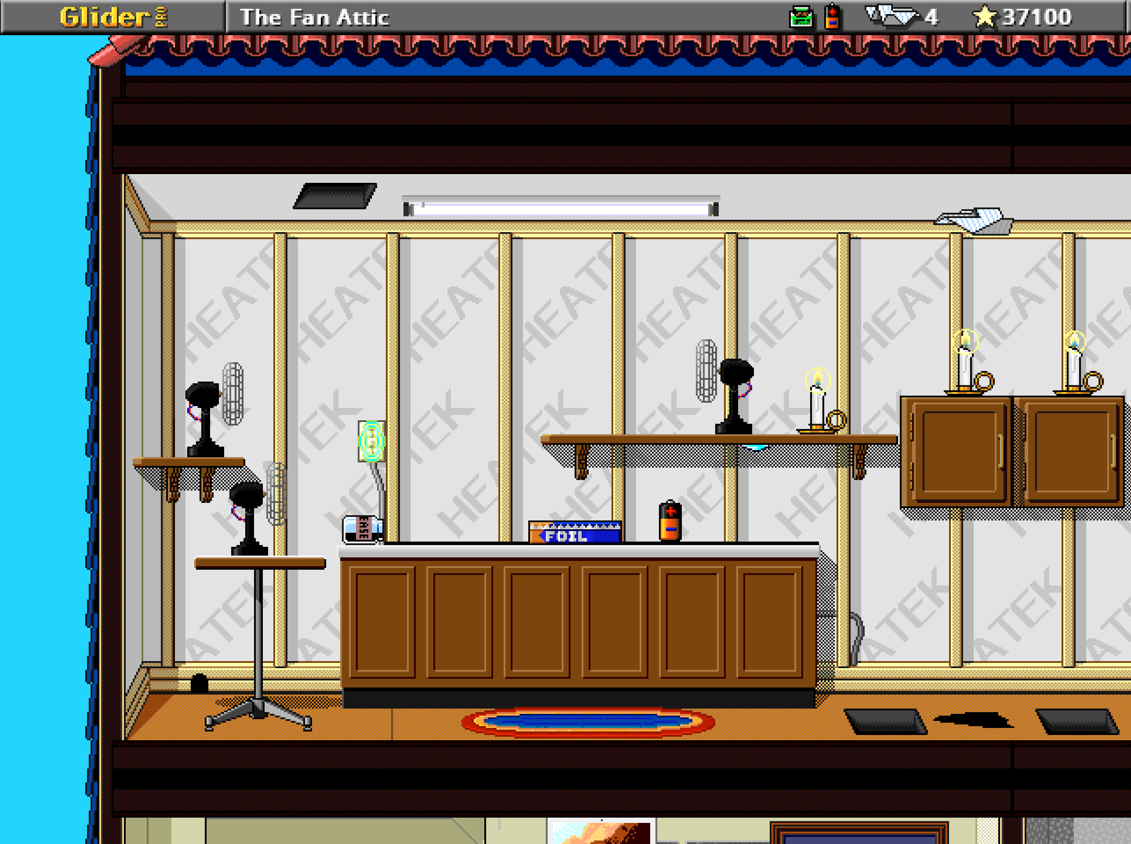 Glider Pro screenshot. A paper plane is hovering over a candle. It is faced with a path containing a series of obstacles and bonus to collect: three fans, a buzzing electrical outlet, an upturned jar of grease, tin foil, a battery, and a drip.