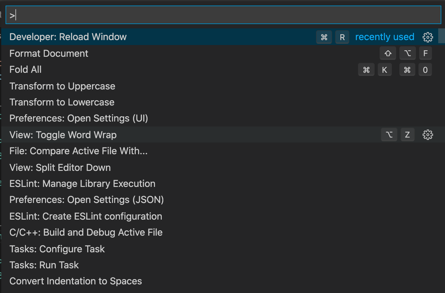 Visual Studio Code command palette navigation