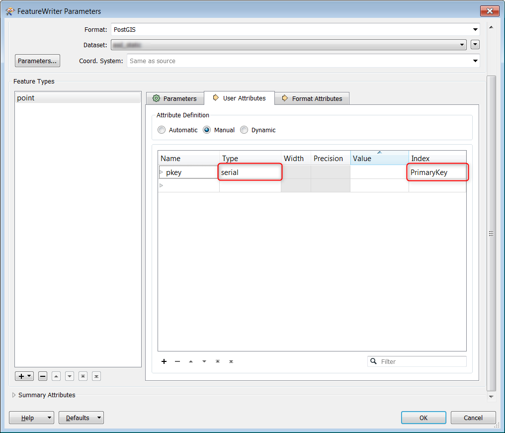 FeatureWriter Parameters