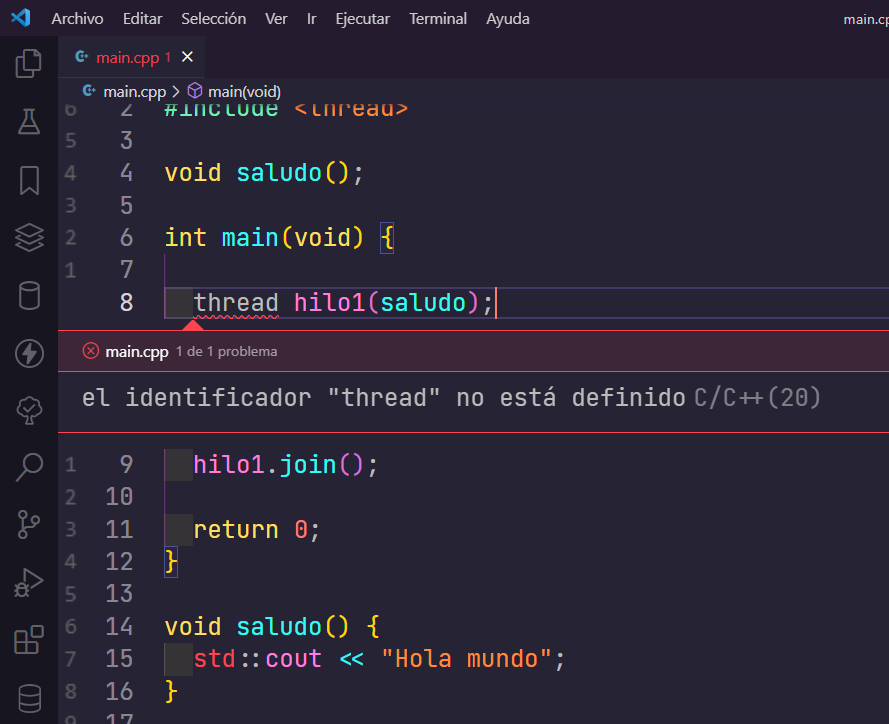 Error en C++. El identificador thread no está definido