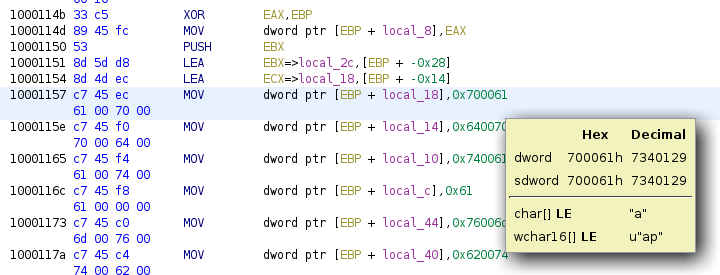 The same section in Ghidra, showing that the values are 16-bit encoded Unicode characters