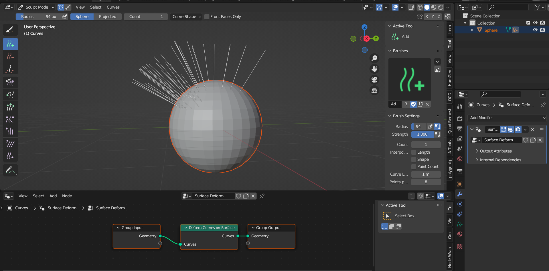 Basic hair strands with default geo node setup