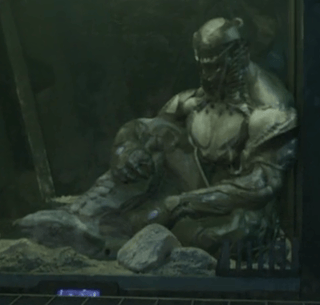 A Chitauri drone sits in a glass display case with its knee risen in the Collector's museum